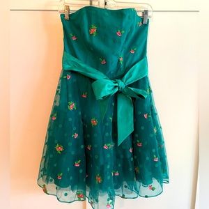 Betsy Johnston - Strapless, cocktail dress. Green with pink flowers - Sz 8